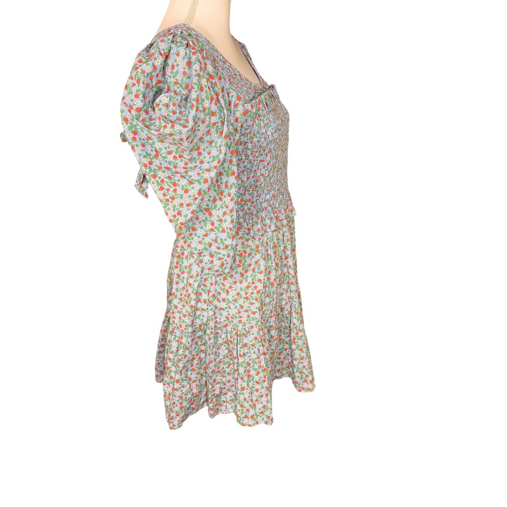 Sea New York Lilly Smocked Mini Dress Blue Strawberry Floral Puff Sleeve Large - Picture 8 of 12